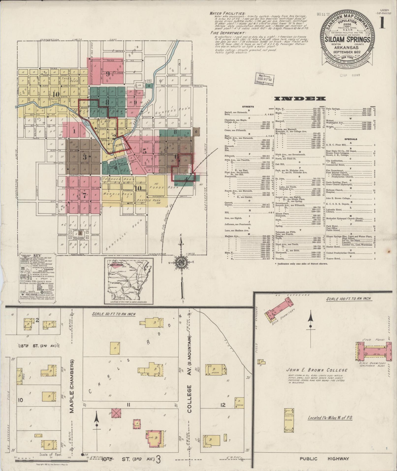 Sanborn Fire Insurance Map from Siloam Springs, Benton County, Arkansas (1922), Sheet #0001 - Complete Map Set gallery image, historic Sanborn map, vintage wall art, Arkansas Arkansas