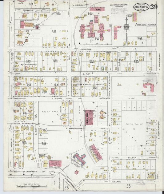 Sanborn Fire Insurance Map from Ann Arbor, Washtenaw County, Michigan (1916), Sheet #0029 - Historic Sanborn Fire Insurance Map Print, vintage old map wall art, antique decor, genealogy gift, Michigan Michigan map