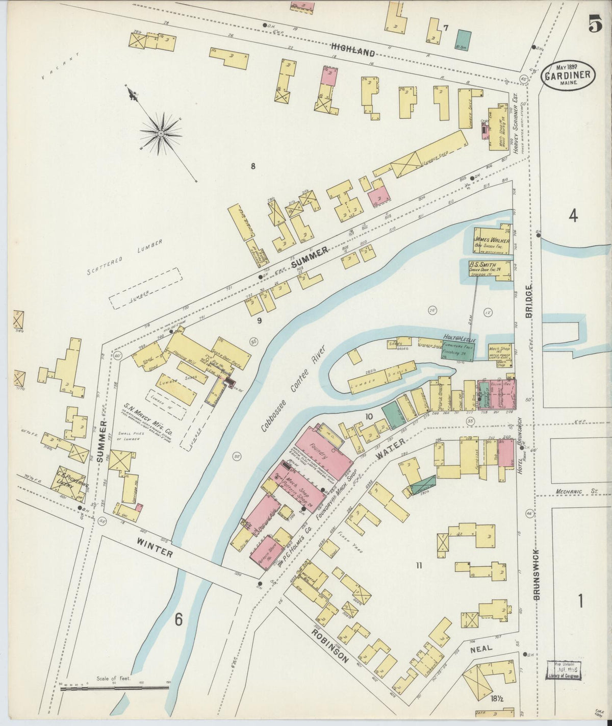 Sanborn Fire Insurance Map from Gardiner, Kennebec County, Maine (1897), Sheet #0005 - Historic Sanborn Fire Insurance Map Print, vintage old map wall art, antique decor, genealogy gift, Maine Maine map