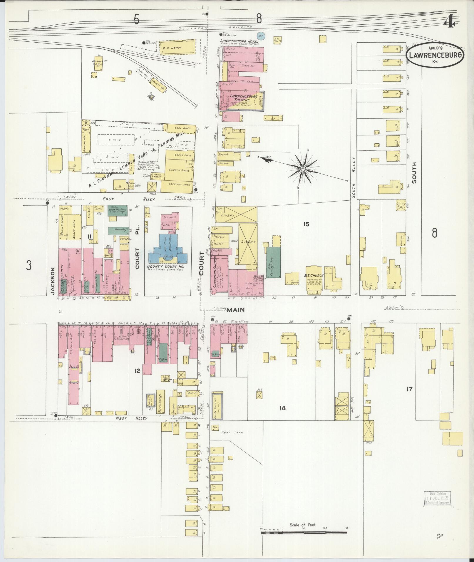 Sanborn Fire Insurance Map from Lawrenceburg, Anderson County, Kentucky (1909), Sheet #0004 - Complete Map Set gallery image, historic Sanborn map, vintage wall art, Kentucky Kentucky