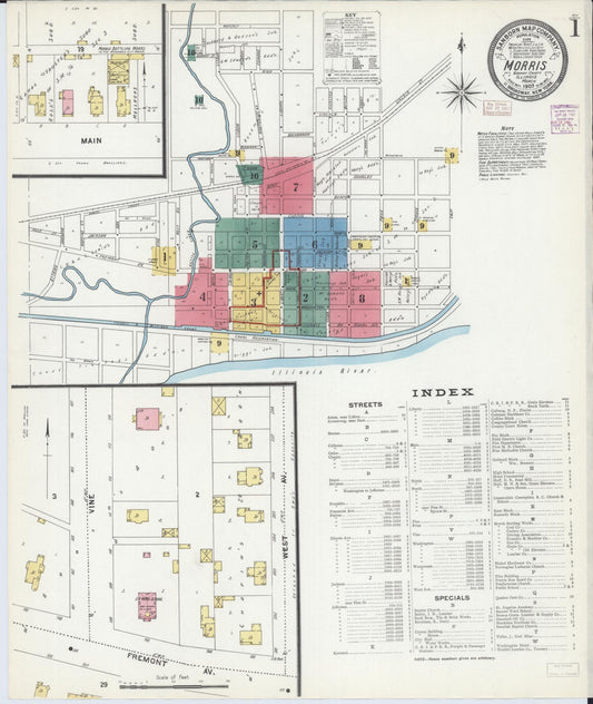 Sanborn Fire Insurance Map from Morris, Grundy County, Illinois (1907), Sheet #0001 - Complete Map Set gallery image, historic Sanborn map, vintage wall art, Illinois Illinois