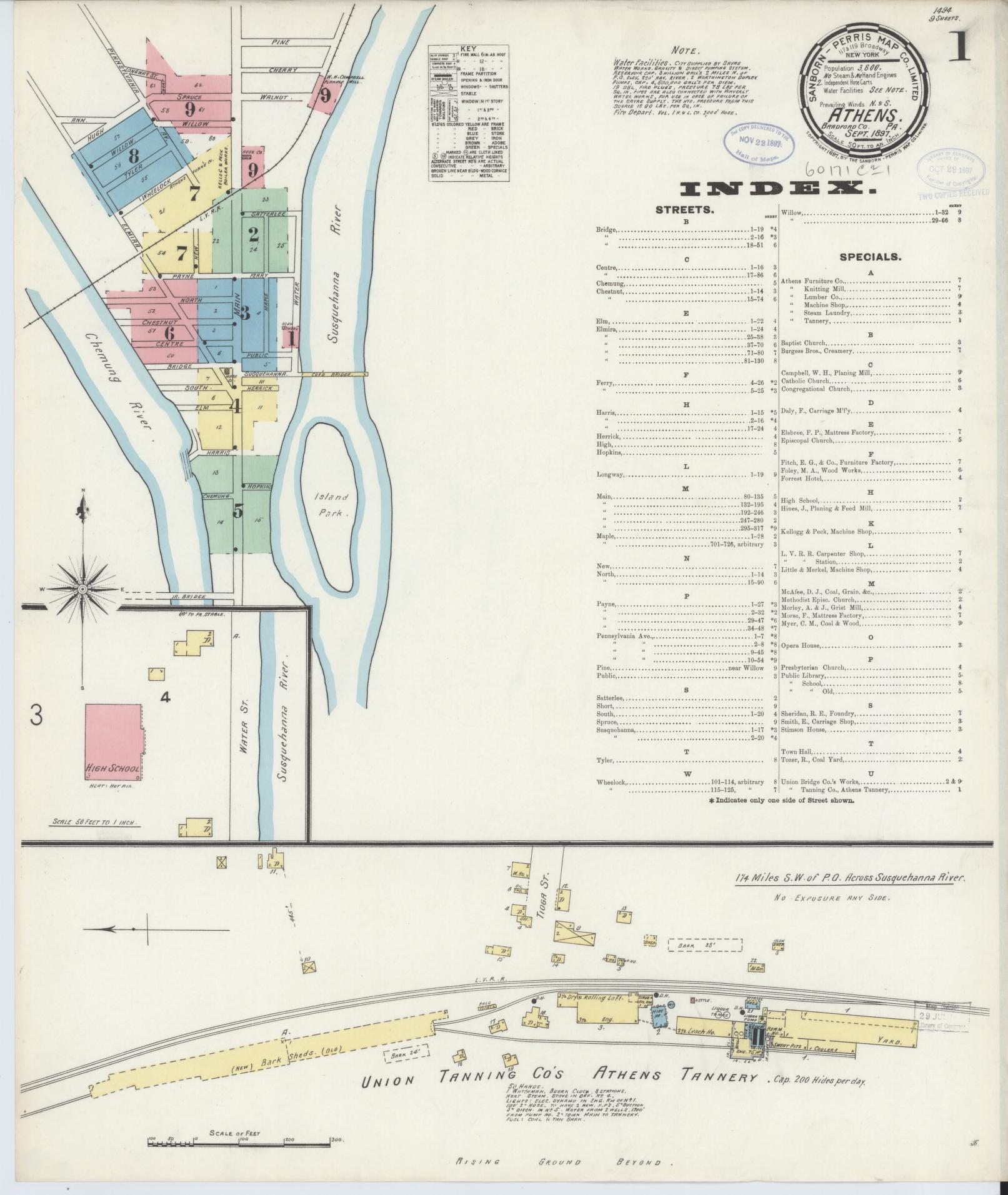 Sanborn Fire Insurance Map from Athens, Bradford County, Pennsylvania (1897), Sheet #0001 - Historic Sanborn Fire Insurance Map Print, vintage old map wall art, antique decor, genealogy gift, Pennsylvania Pennsylvania map