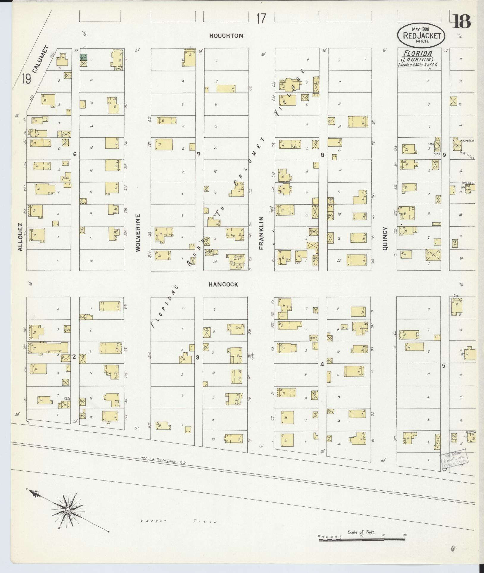 Sanborn Fire Insurance Map from Red Jacket, Houghton County, Michigan (1908), Sheet #0018 - Historic Sanborn Fire Insurance Map Print, vintage old map wall art, antique decor, genealogy gift, Michigan Michigan map