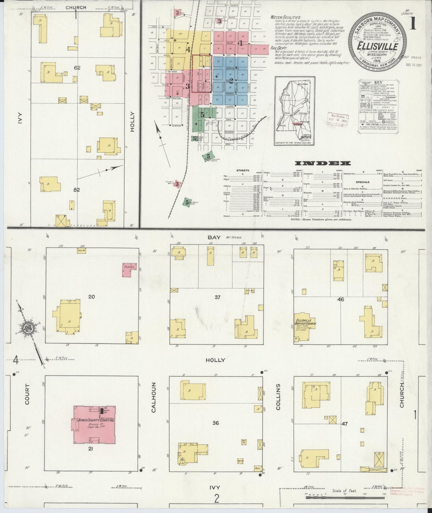Sanborn Fire Insurance Map from Ellisville, Jones County, Mississippi (1915), Sheet #0001 - Complete Map Set gallery image, historic Sanborn map, vintage wall art, Mississippi Mississippi