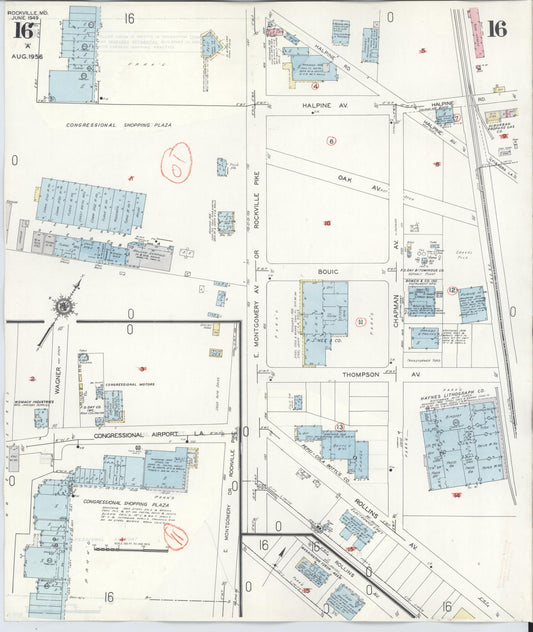 Sanborn Fire Insurance Map from Rockville, Montgomery County, Maryland (1960), Sheet #0016 - Historic Sanborn Fire Insurance Map Print, vintage old map wall art