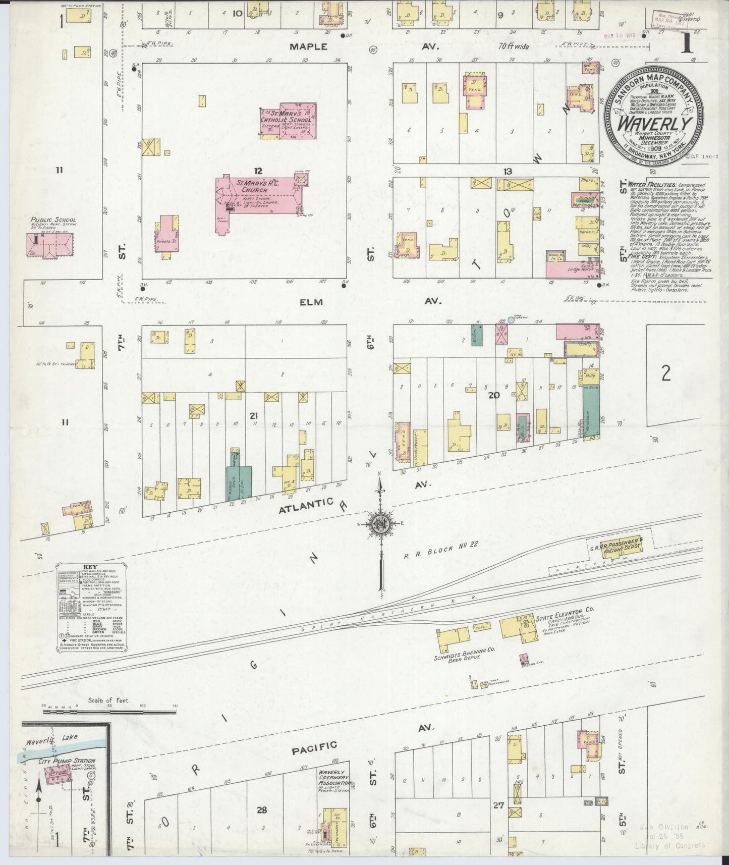 Sanborn Fire Insurance Map from Waverly, Wright County, Minnesota (1909), Sheet #0001 - Historic Sanborn Fire Insurance Map Print, vintage old map wall art, antique decor, genealogy gift, Minnesota Minnesota map