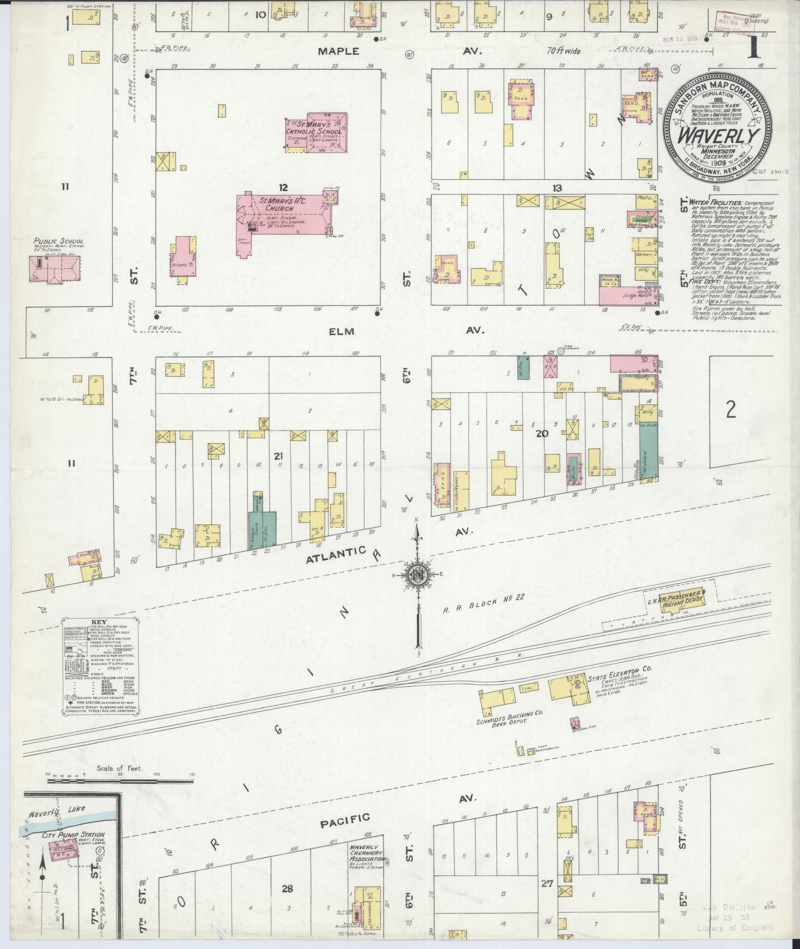 Sanborn Fire Insurance Map from Waverly, Wright County, Minnesota (1909), Sheet #0001 - Historic Sanborn Fire Insurance Map Print, vintage old map wall art, antique decor, genealogy gift, Minnesota Minnesota map