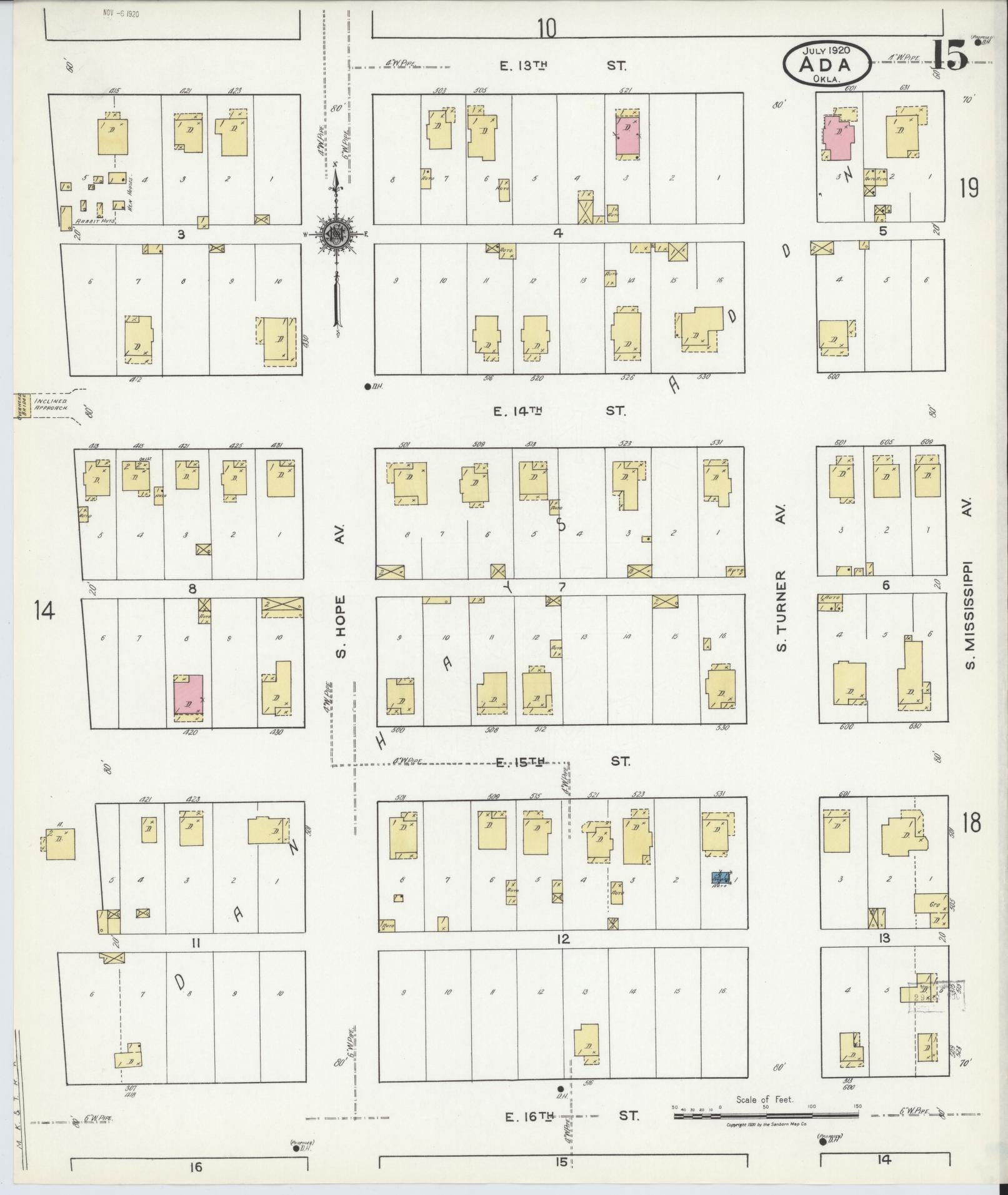 Sanborn Fire Insurance Map from Ada, Pontotoc County, Oklahoma (1920), Sheet #0015 - Complete Map Set gallery image, historic Sanborn map, vintage wall art, Oklahoma Oklahoma