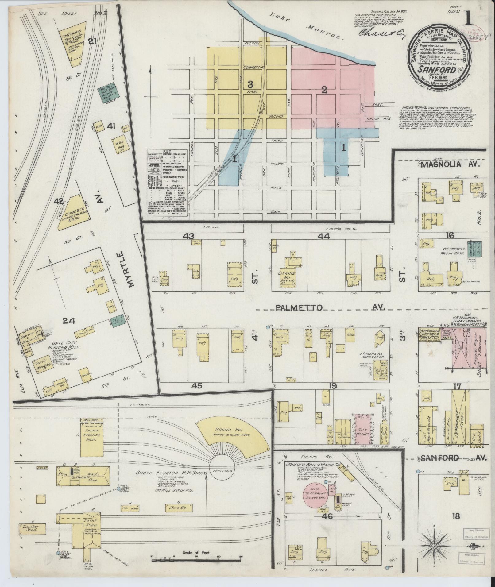 Sanborn Fire Insurance Map from Sanford, Seminole County, Florida (1890), Sheet #0001 - Complete Map Set gallery image, historic Sanborn map, vintage wall art, Florida Florida