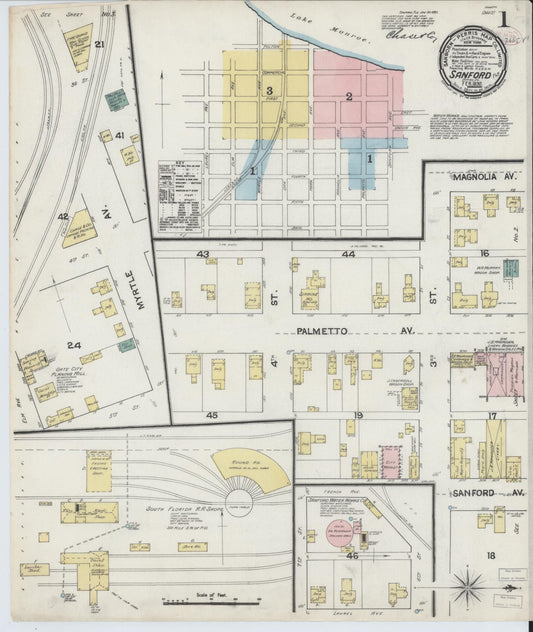 Sanborn Fire Insurance Map from Sanford, Seminole County, Florida (1890), Sheet #0001 - Complete Map Set gallery image, historic Sanborn map, vintage wall art, Florida Florida