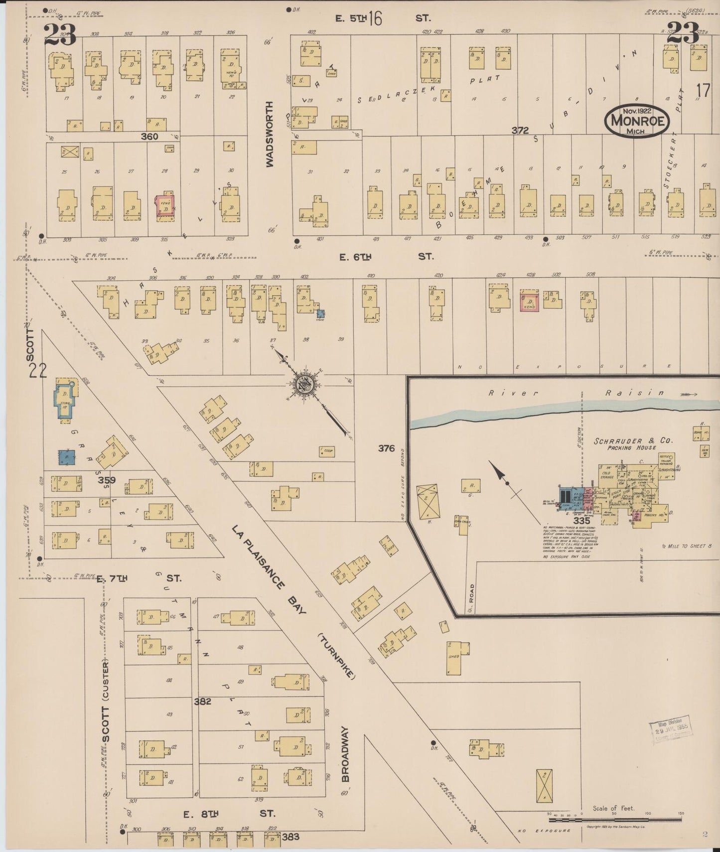 Sanborn Fire Insurance Map from Monroe, Monroe County, Michigan (1922), Sheet #0023 - Historic Sanborn Fire Insurance Map Print, vintage old map wall art, antique decor, genealogy gift, Michigan Michigan map