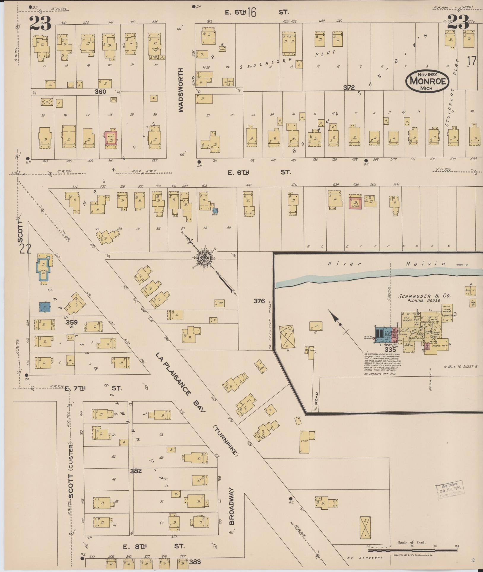 Sanborn Fire Insurance Map from Monroe, Monroe County, Michigan (1922), Sheet #0023 - Historic Sanborn Fire Insurance Map Print, vintage old map wall art, antique decor, genealogy gift, Michigan Michigan map