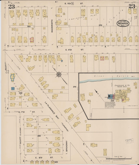 Sanborn Fire Insurance Map from Monroe, Monroe County, Michigan (1922), Sheet #0023 - Historic Sanborn Fire Insurance Map Print, vintage old map wall art, antique decor, genealogy gift, Michigan Michigan map