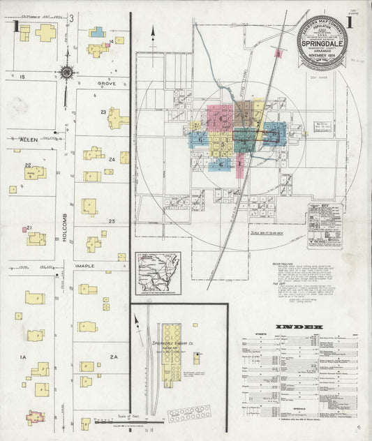 Sanborn Fire Insurance Map from Springdale, Washington County, Arkansas (1924), Sheet #0001 - Historic Sanborn Fire Insurance Map Print, vintage old map wall art, antique decor, genealogy gift, Arkansas Arkansas map