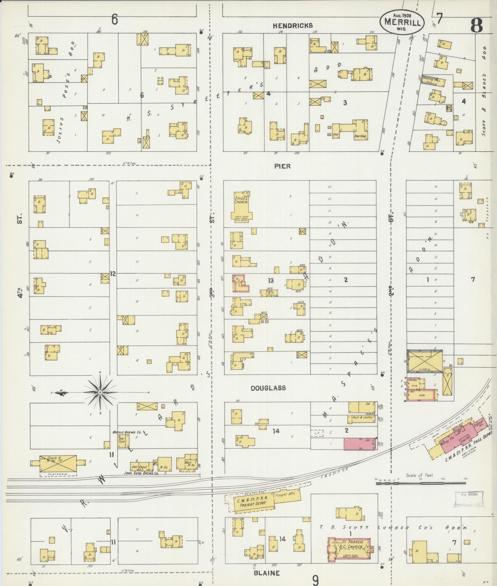 Sanborn Fire Insurance Map from Merrill, Lincoln County, Wisconsin (1902), Sheet #0008 - Complete Map Set gallery image, historic Sanborn map, vintage wall art, Wisconsin Wisconsin