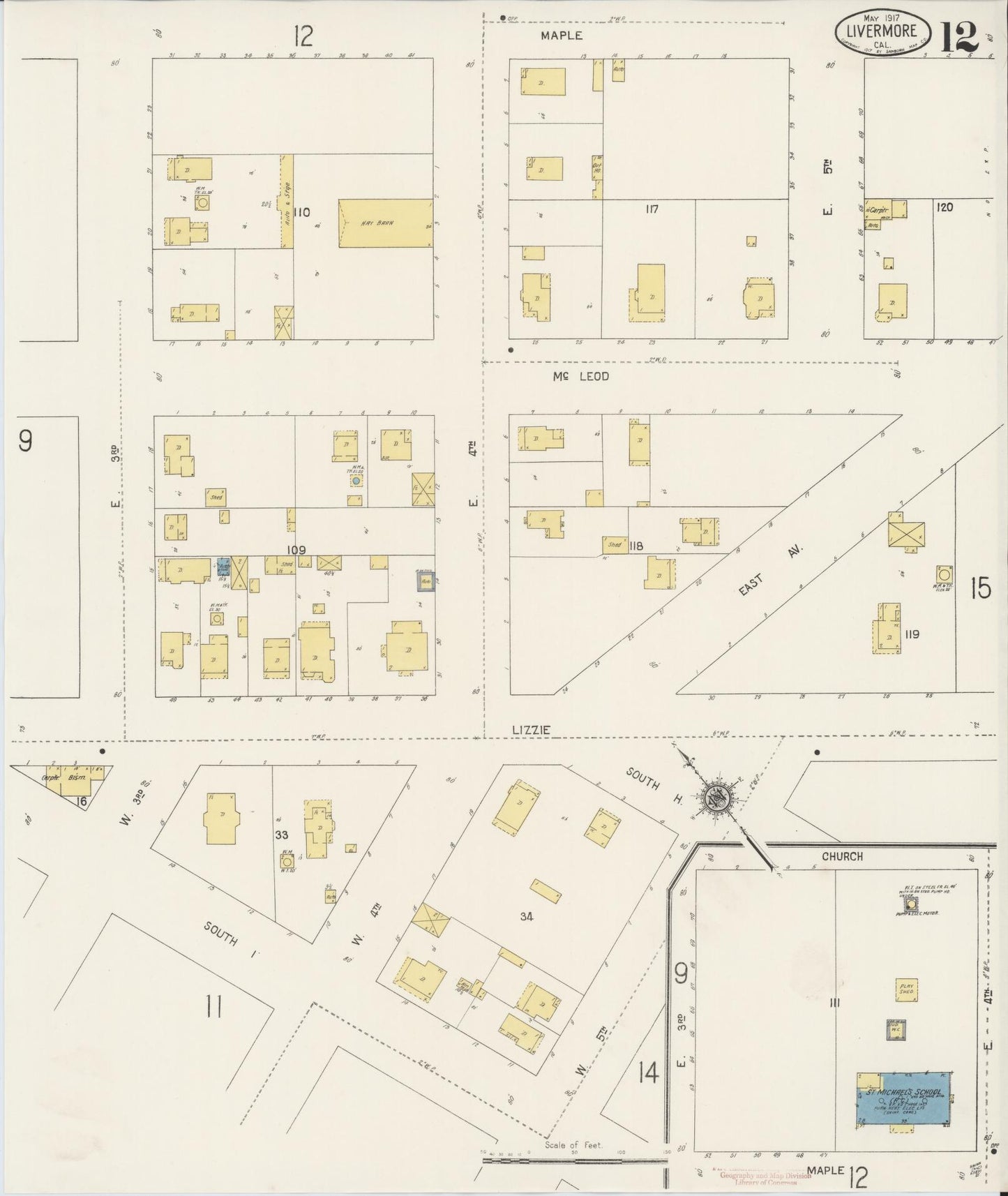 Sanborn Fire Insurance Map from Livermore, Alameda County, California (1917), Sheet #0012 - Complete Map Set gallery image, historic Sanborn map, vintage wall art, California California