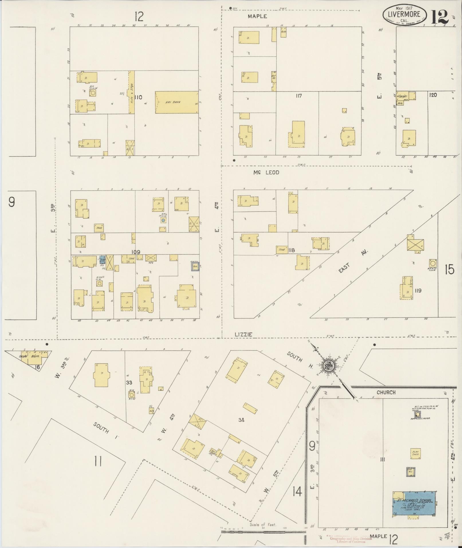 Sanborn Fire Insurance Map from Livermore, Alameda County, California (1917), Sheet #0012 - Complete Map Set gallery image, historic Sanborn map, vintage wall art, California California