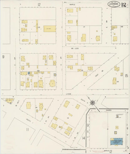 Sanborn Fire Insurance Map from Livermore, Alameda County, California (1917), Sheet #0012 - Complete Map Set gallery image, historic Sanborn map, vintage wall art, California California