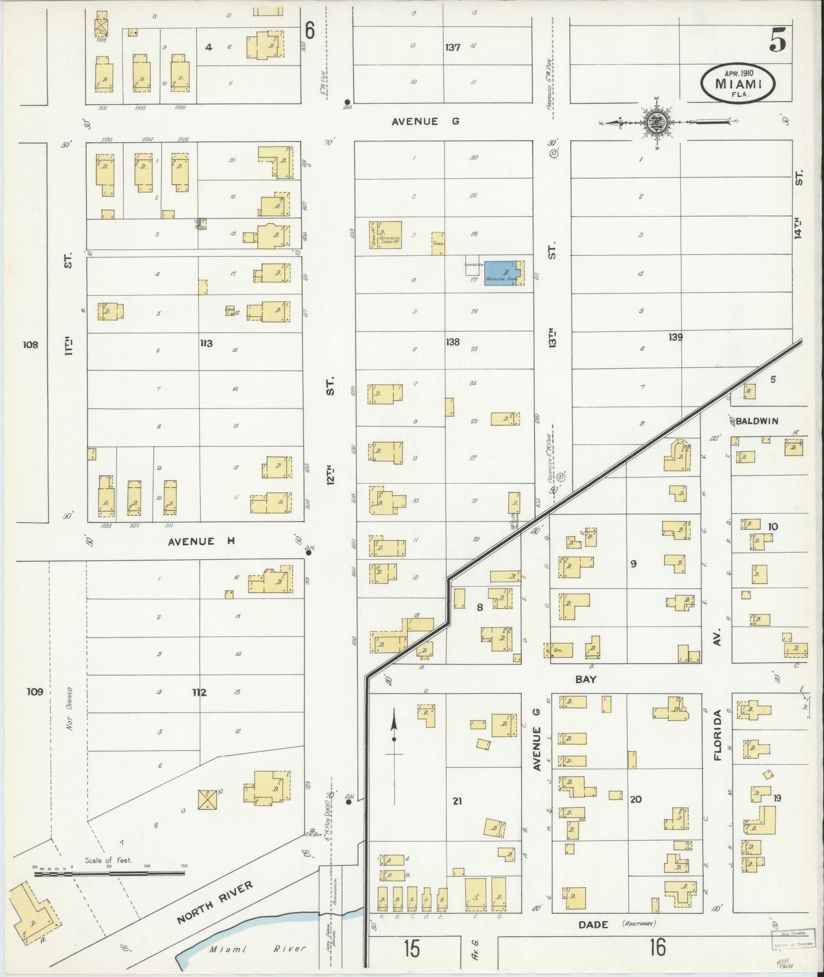 Sanborn Fire Insurance Map from Miami, Dade County, Florida (1910), Sheet #0005 - Complete Map Set gallery image, historic Sanborn map, vintage wall art, Florida Florida