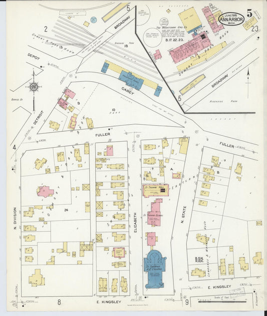 Sanborn Fire Insurance Map from Ann Arbor, Washtenaw County, Michigan (1916), Sheet #0005 - Historic Sanborn Fire Insurance Map Print, vintage old map wall art, antique decor, genealogy gift, Michigan Michigan map
