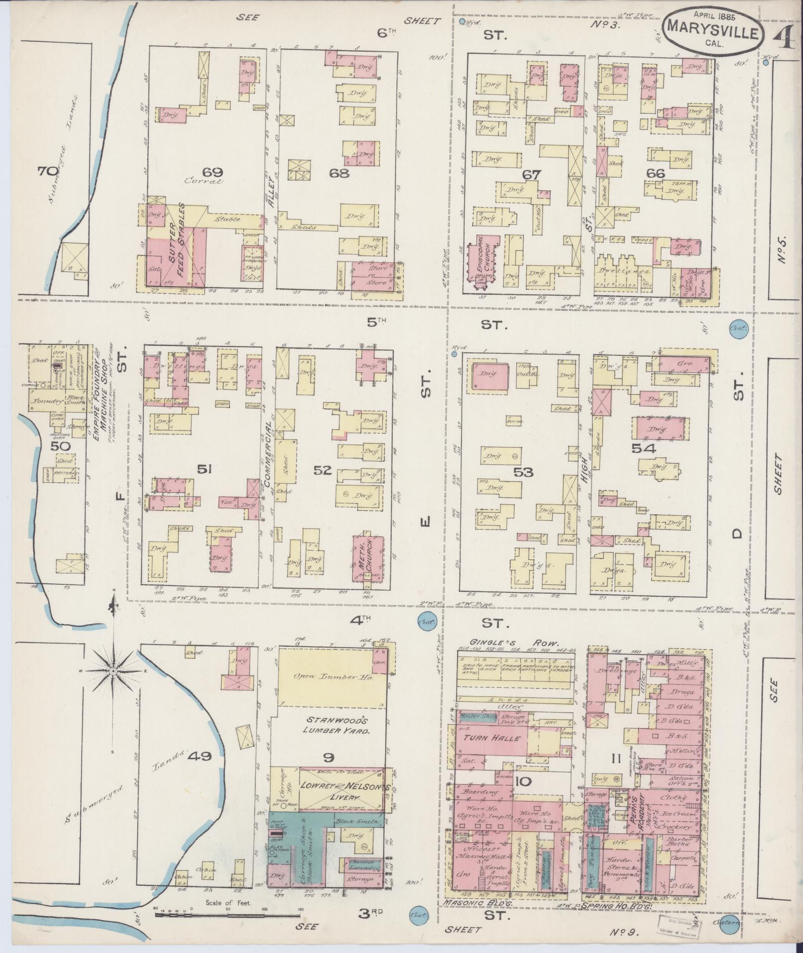 Sanborn Fire Insurance Map from Marysville, Yuba County, California (1885), Sheet #0004 - Historic Sanborn Fire Insurance Map Print, vintage old map wall art, antique decor, genealogy gift, California California map