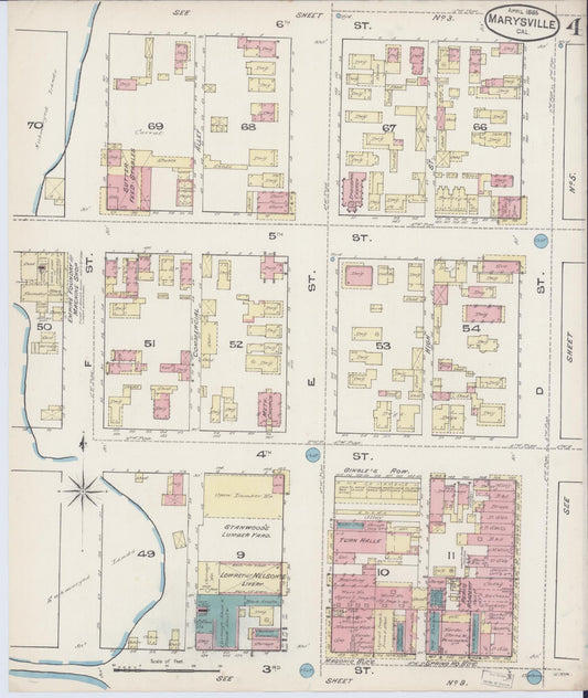 Sanborn Fire Insurance Map from Marysville, Yuba County, California (1885), Sheet #0004 - Historic Sanborn Fire Insurance Map Print, vintage old map wall art, antique decor, genealogy gift, California California map