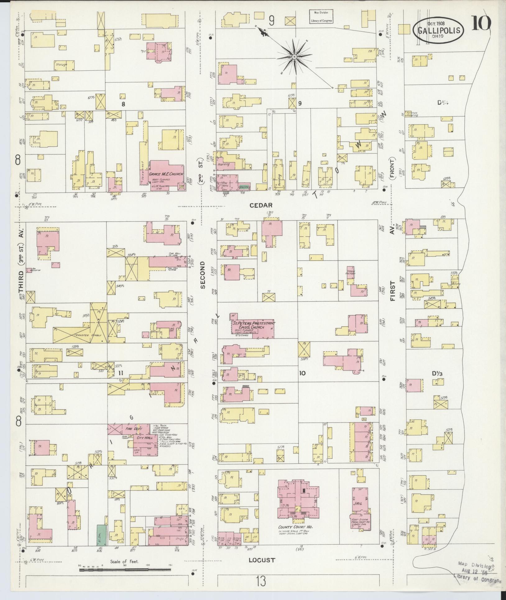 Sanborn Fire Insurance Map from Gallipolis, Gallia County, Ohio (1908), Sheet #0010 - Historic Sanborn Fire Insurance Map Print, vintage old map wall art, antique decor, genealogy gift, Ohio Ohio map