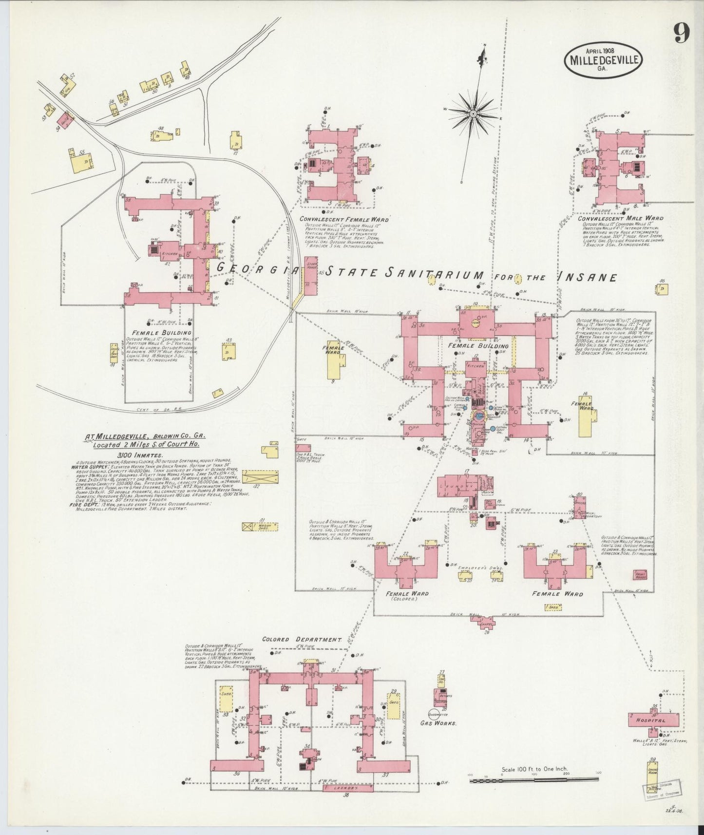 Sanborn Fire Insurance Map from Milledgeville, Baldwin County, Georgia (1908), Sheet #0009 - Historic Sanborn Fire Insurance Map Print, vintage old map wall art, antique decor, genealogy gift, Georgia Georgia map