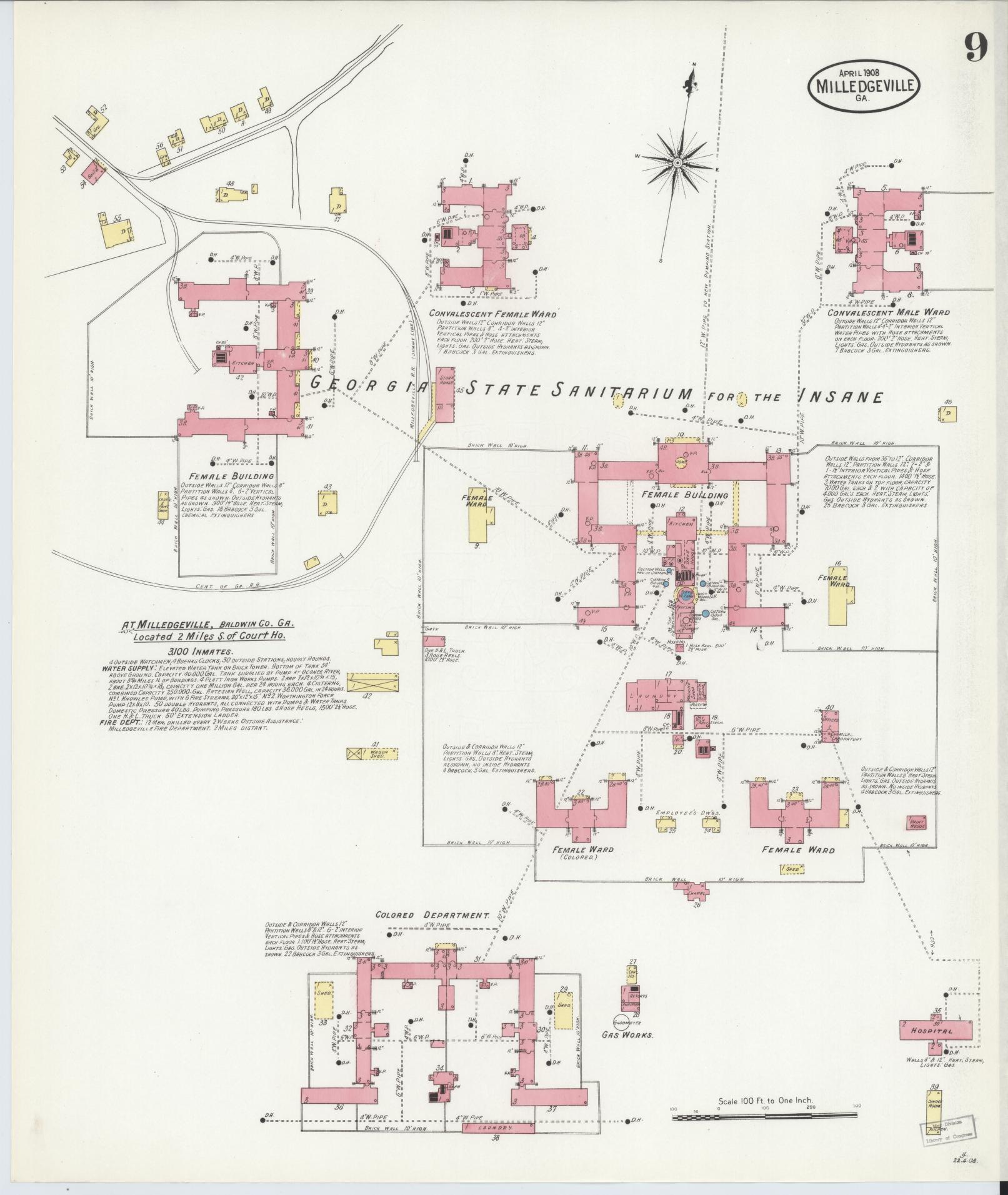 Sanborn Fire Insurance Map from Milledgeville, Baldwin County, Georgia (1908), Sheet #0009 - Historic Sanborn Fire Insurance Map Print, vintage old map wall art, antique decor, genealogy gift, Georgia Georgia map