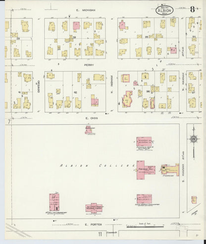 Sanborn Fire Insurance Map from Albion, Calhoun County, Michigan (1913), Sheet #0008 - Historic Sanborn Fire Insurance Map Print, vintage old map wall art, antique decor, genealogy gift, Michigan Michigan map