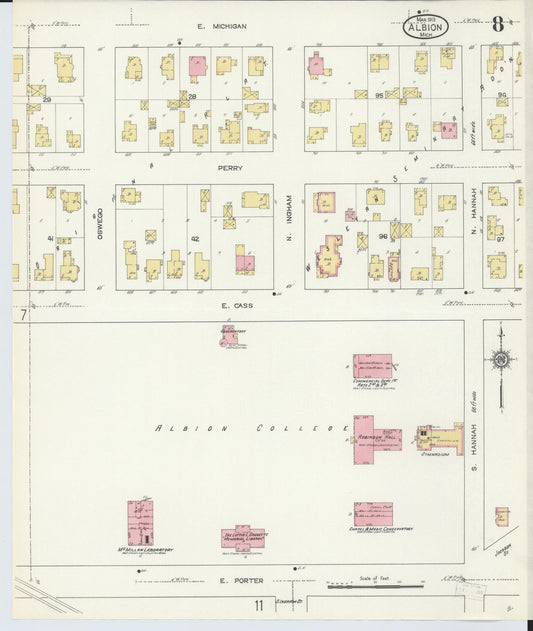 Sanborn Fire Insurance Map from Albion, Calhoun County, Michigan (1913), Sheet #0008 - Historic Sanborn Fire Insurance Map Print, vintage old map wall art, antique decor, genealogy gift, Michigan Michigan map