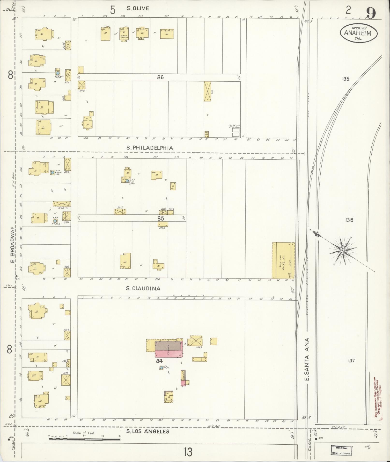 Sanborn Fire Insurance Map from Anaheim, Orange County, California (1907), Sheet #0009 - Historic Sanborn Fire Insurance Map Print, vintage old map wall art, antique decor, genealogy gift, California California map