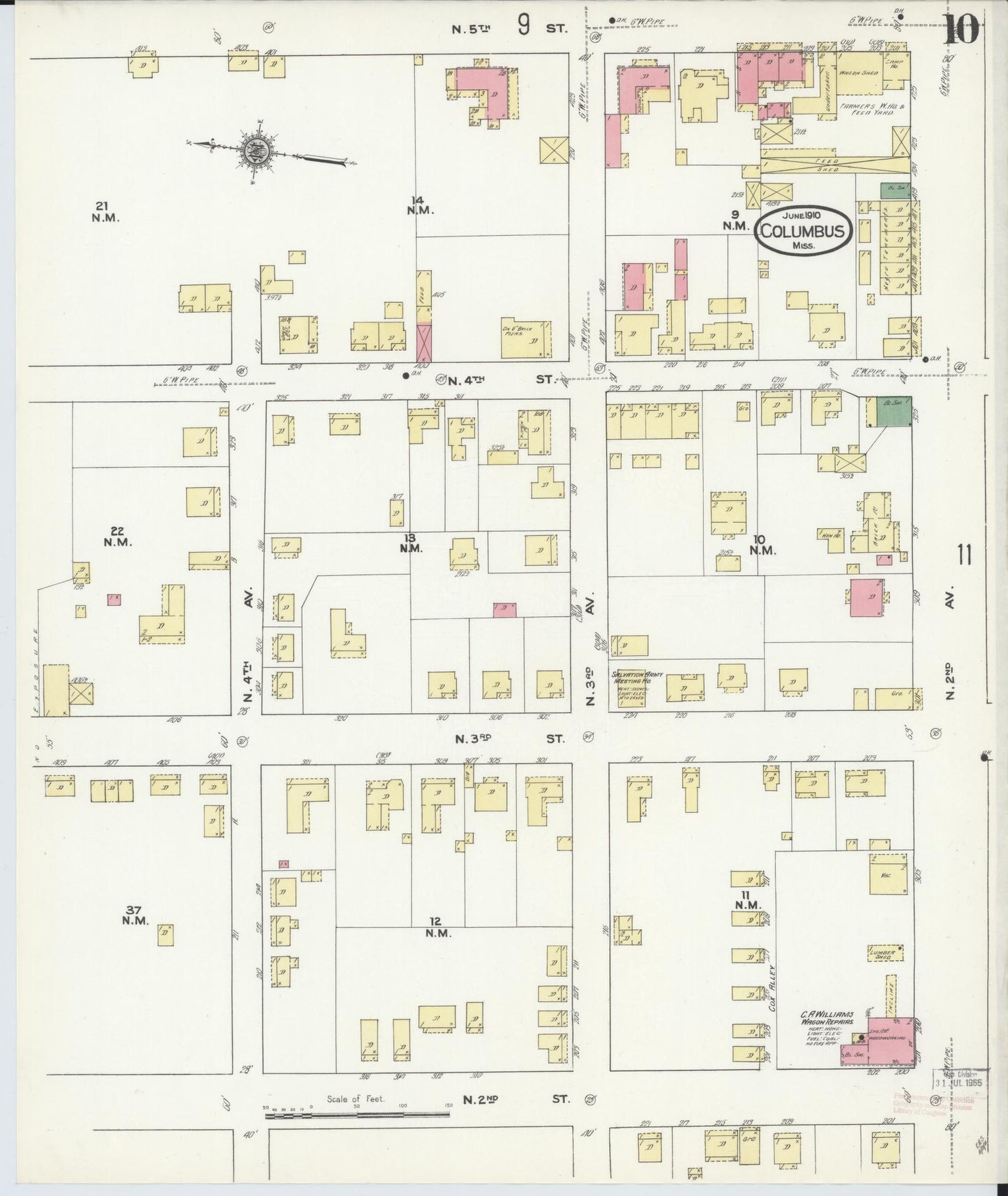 Sanborn Fire Insurance Map from Columbus, Lowndes County, Mississippi (1910), Sheet #0010 - Historic Sanborn Fire Insurance Map Print, vintage old map wall art, antique decor, genealogy gift, Mississippi Mississippi map