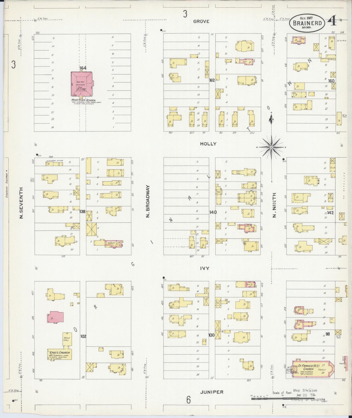 Sanborn Fire Insurance Map from Brainerd, Crow Wing County, Minnesota (1907), Sheet #0004 - Historic Sanborn Fire Insurance Map Print, vintage old map wall art, antique decor, genealogy gift, Minnesota Minnesota map