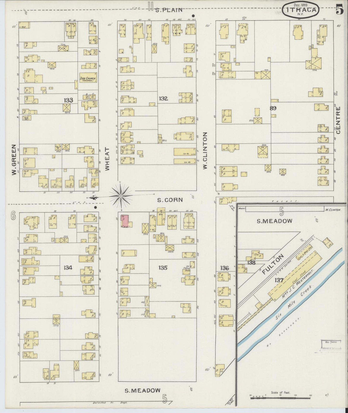 Sanborn Fire Insurance Map from Ithaca, Tompkins County, New York (1893), Sheet #0005 - Complete Map Set gallery image, historic Sanborn map, vintage wall art, New York New York