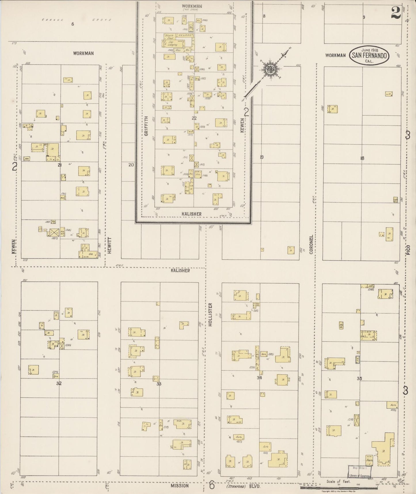 Sanborn Fire Insurance Map from San Fernando, Los Angeles County, California (1918), Sheet #0002 - Complete Map Set gallery image, historic Sanborn map, vintage wall art, California California