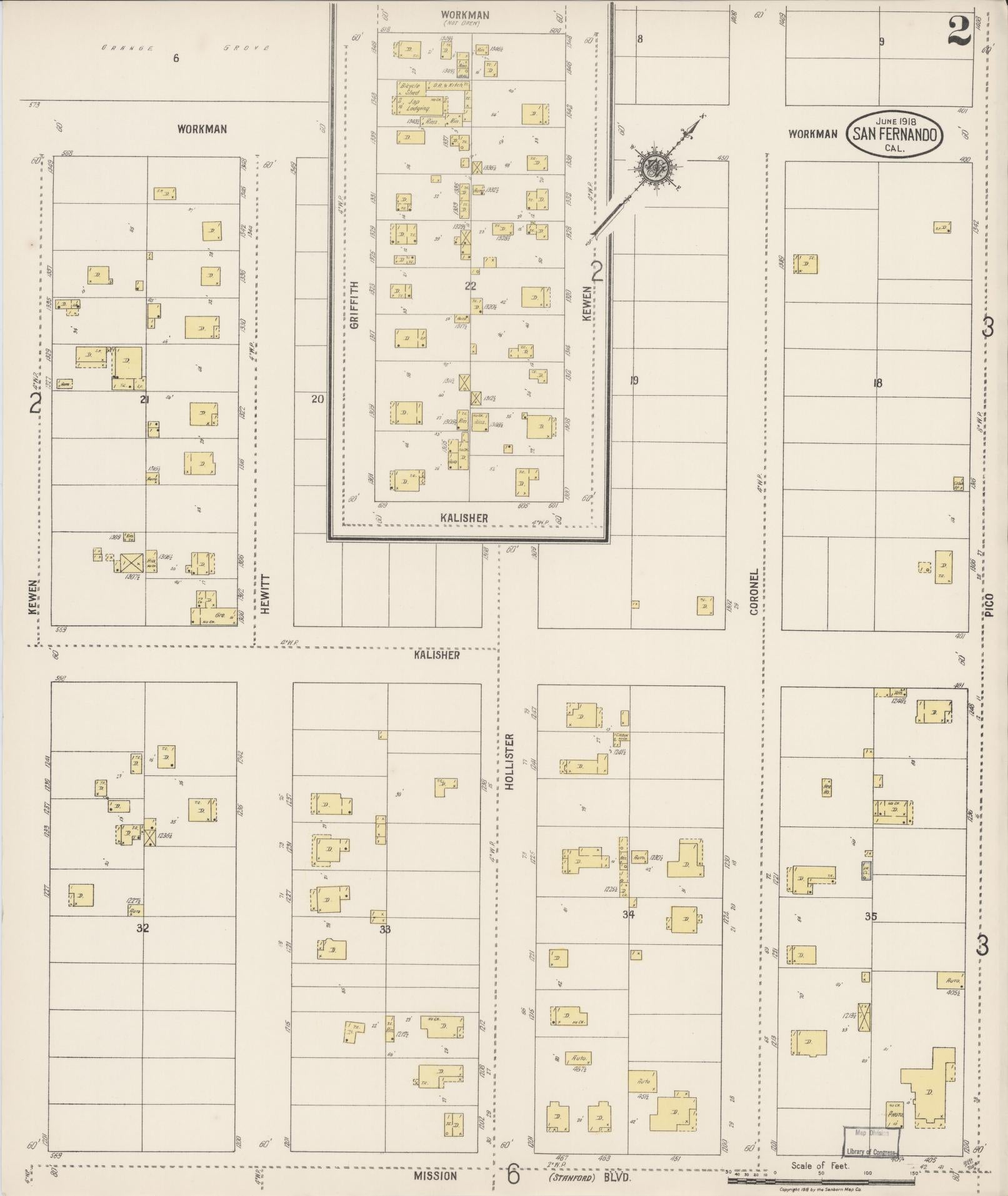 Sanborn Fire Insurance Map from San Fernando, Los Angeles County, California (1918), Sheet #0002 - Complete Map Set gallery image, historic Sanborn map, vintage wall art, California California