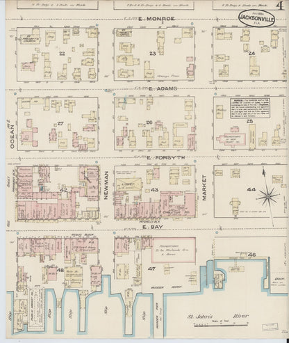 Sanborn Fire Insurance Map from Jacksonville, Duval County, Florida (1884), Sheet #0004 - Historic Sanborn Fire Insurance Map Print, vintage old map wall art, antique decor, genealogy gift, Florida Florida map