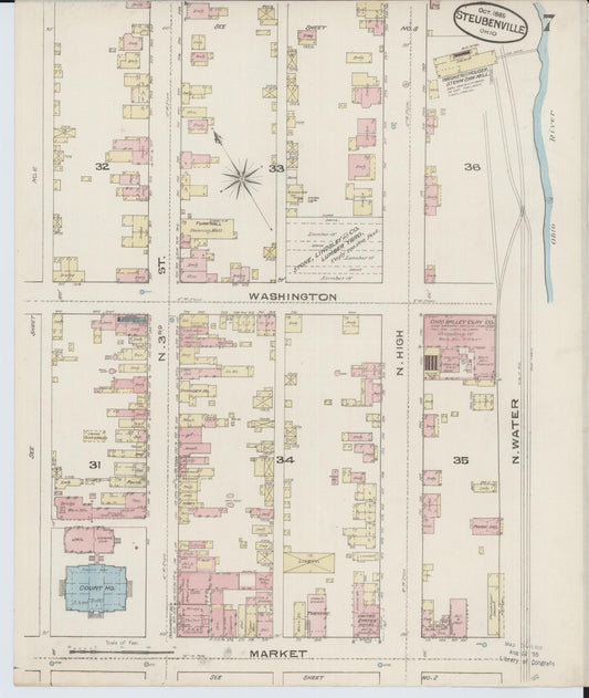 Sanborn Fire Insurance Map from Steubenville, Jefferson County, Ohio (1885), Sheet #0007 - Historic Sanborn Fire Insurance Map Print, vintage old map wall art, antique decor, genealogy gift, Ohio Ohio map