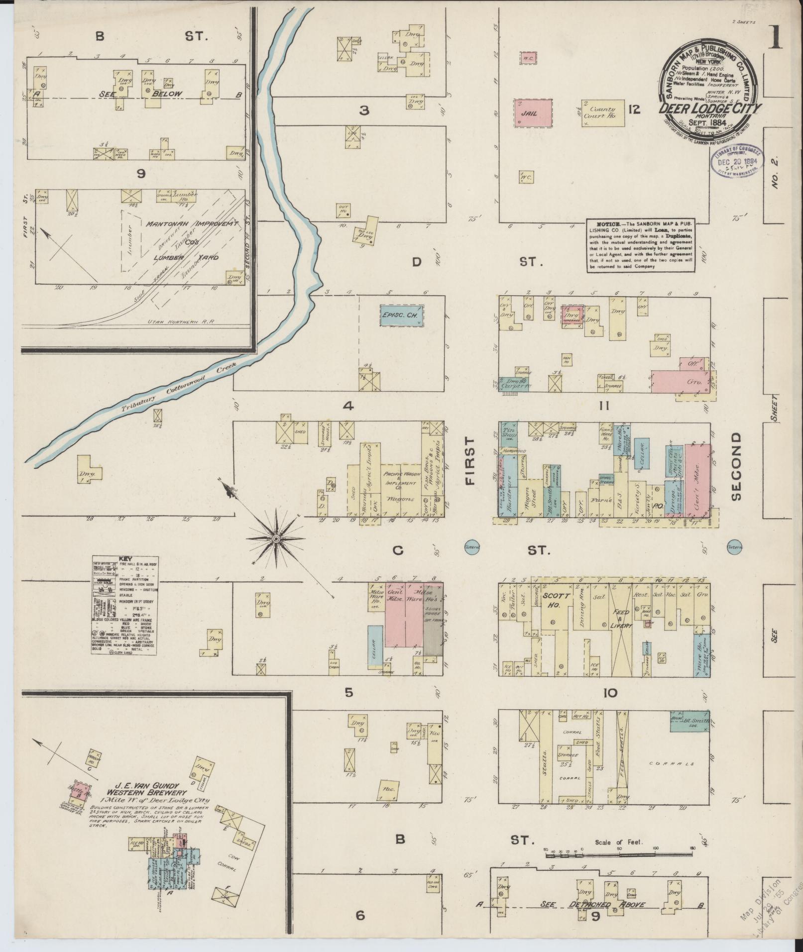 Sanborn Fire Insurance Map from Deer Lodge, Powell County, Montana (1884), Sheet #0001 - Historic Sanborn Fire Insurance Map Print, vintage old map wall art, antique decor, genealogy gift, Montana Montana map