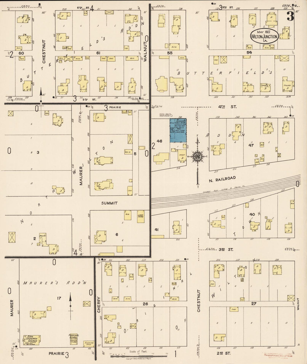 Sanborn Fire Insurance Map from Wilton Junction, Muscatine County, Iowa (1922), Sheet #0003 - Historic Sanborn Fire Insurance Map Print, vintage old map wall art