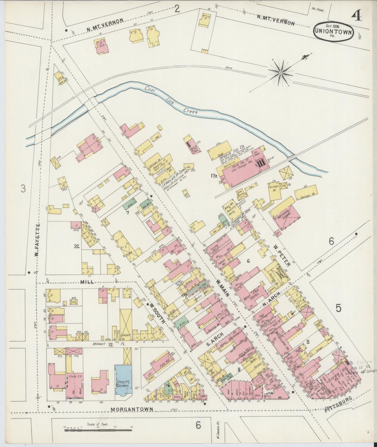 Sanborn Fire Insurance Map from Uniontown, Fayette County, Pennsylvania (1896), Sheet #0004 - Historic Sanborn Fire Insurance Map Print, vintage old map wall art, antique decor, genealogy gift, Pennsylvania Pennsylvania map