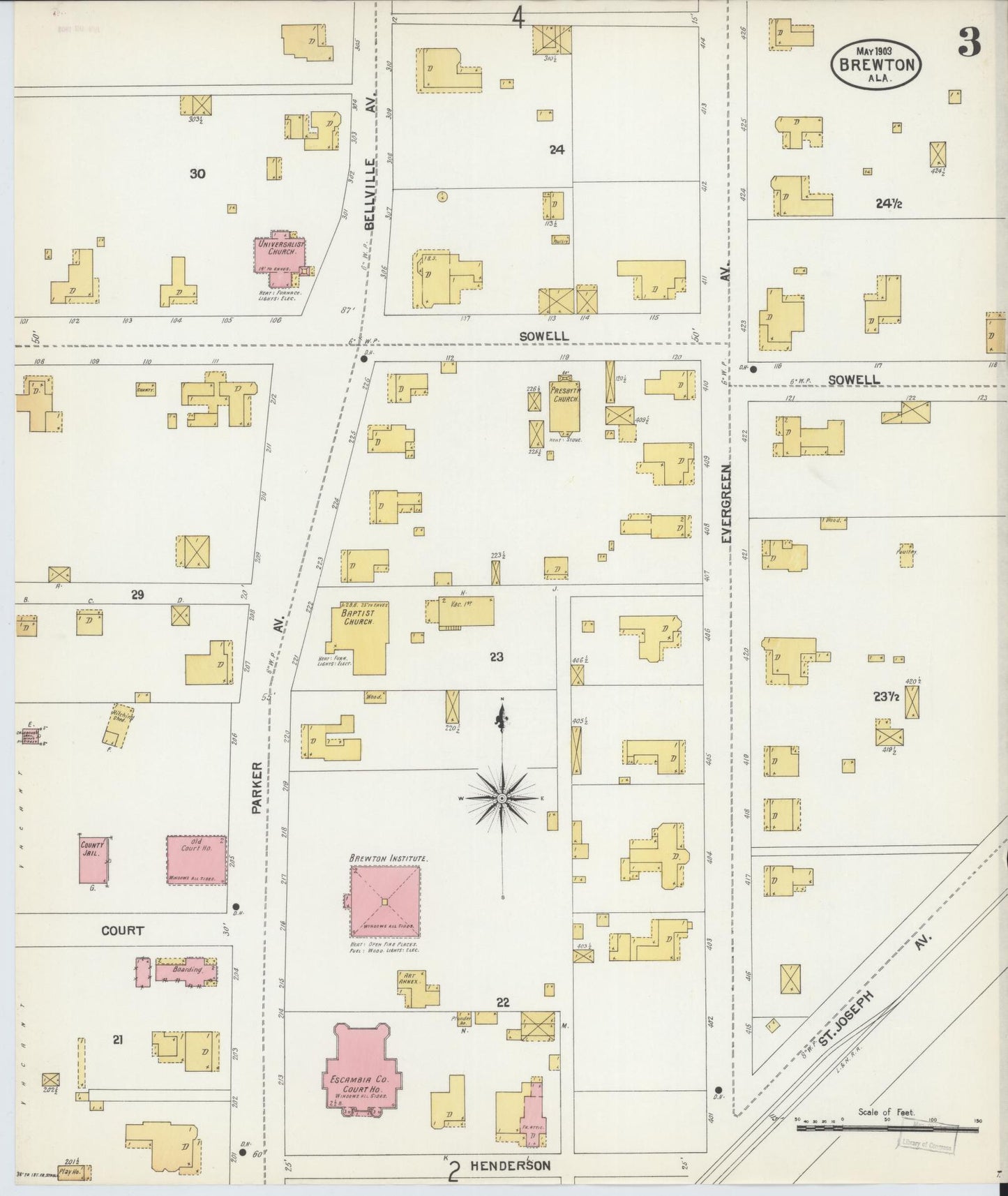 Sanborn Fire Insurance Map from Brewton, Escambia County, Alabama (1903), Sheet #0003 - Historic Sanborn Fire Insurance Map Print, vintage old map wall art, antique decor, genealogy gift, Alabama Alabama map