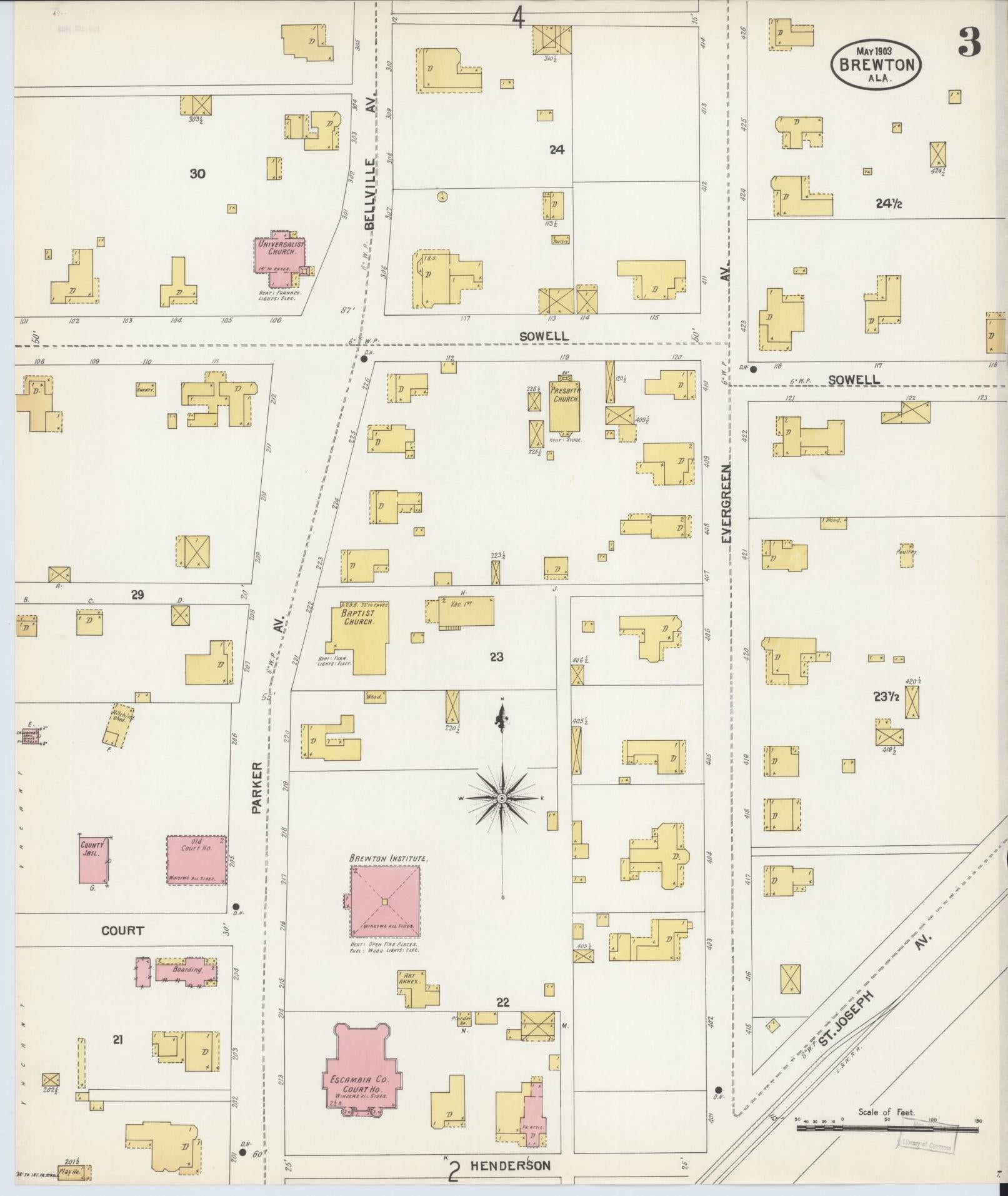 Sanborn Fire Insurance Map from Brewton, Escambia County, Alabama (1903), Sheet #0003 - Historic Sanborn Fire Insurance Map Print, vintage old map wall art, antique decor, genealogy gift, Alabama Alabama map