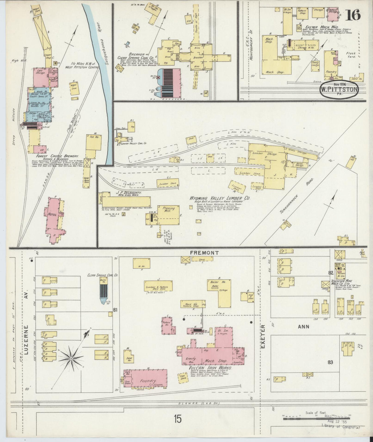 Sanborn Fire Insurance Map from Pittston, Luzerne County, Pennsylvania (1896), Sheet #0016 - Historic Sanborn Fire Insurance Map Print, vintage old map wall art, antique decor, genealogy gift, Pennsylvania Pennsylvania map