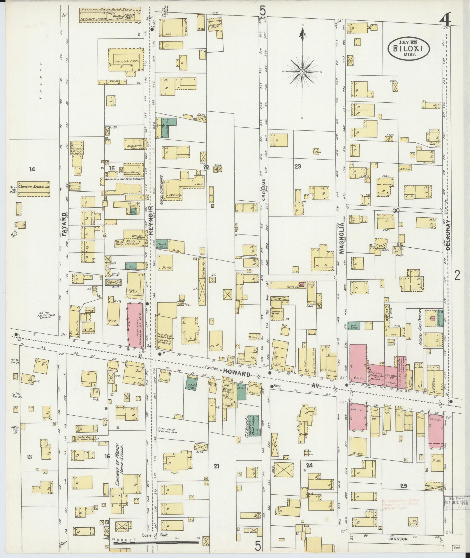 Sanborn Fire Insurance Map from Biloxi, Harrison County, Mississippi (1898), Sheet #0004 - Historic Sanborn Fire Insurance Map Print, vintage old map wall art, antique decor, genealogy gift, Mississippi Mississippi map