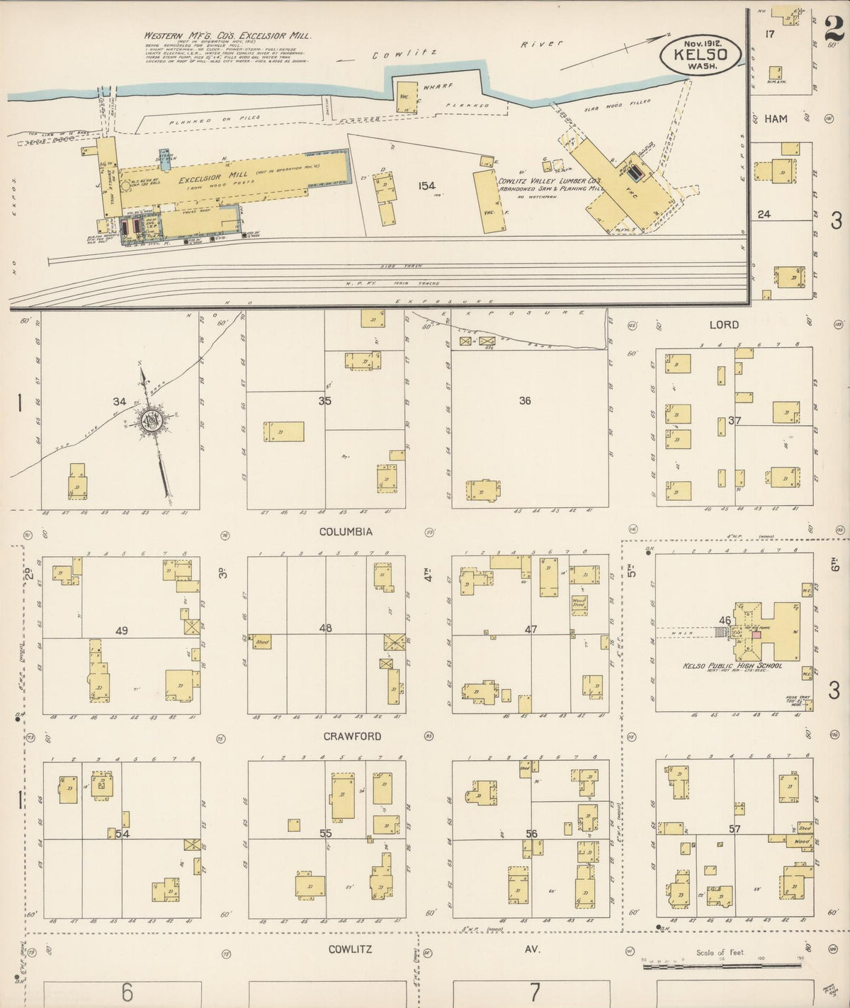 Sanborn Fire Insurance Map from Kelso, Cowlitz County, Washington (1912), Sheet #0002 - Historic Sanborn Fire Insurance Map Print, vintage old map wall art, antique decor, genealogy gift, Washington Washington map