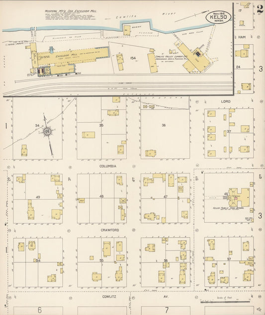 Sanborn Fire Insurance Map from Kelso, Cowlitz County, Washington (1912), Sheet #0002 - Historic Sanborn Fire Insurance Map Print, vintage old map wall art, antique decor, genealogy gift, Washington Washington map