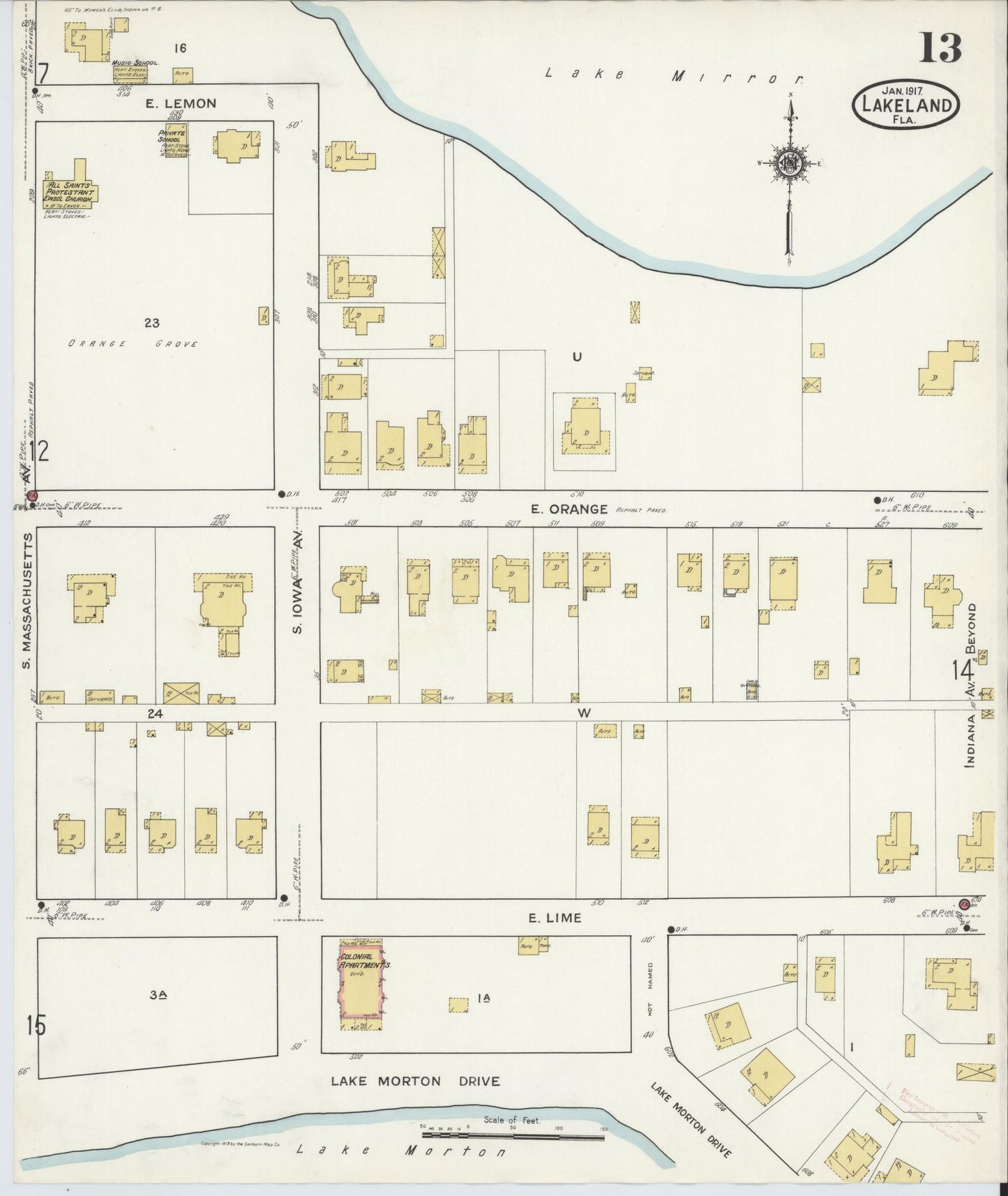 Sanborn Fire Insurance Map from Lakeland, Polk County, Florida (1917), Sheet #0013 - Complete Map Set gallery image, historic Sanborn map, vintage wall art, Florida Florida