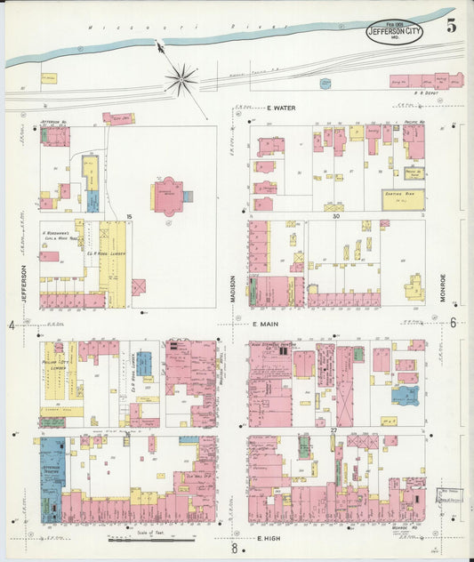 Sanborn Fire Insurance Map from Jefferson City, Cole County, Missouri (1908), Sheet #0005 - Historic Sanborn Fire Insurance Map Print, vintage old map wall art, antique decor, genealogy gift, Missouri Missouri map